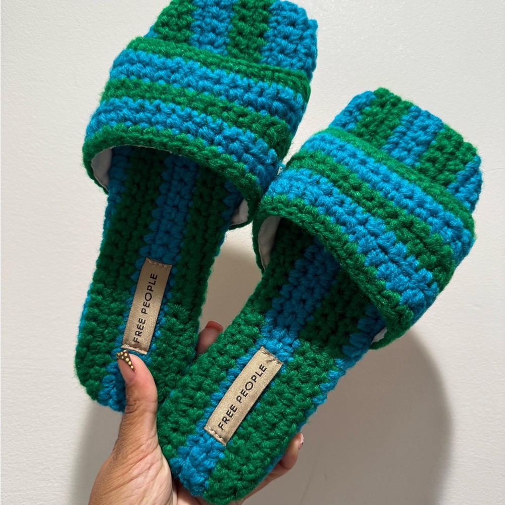 Free People Striped Knit Slippers in Blue and Green